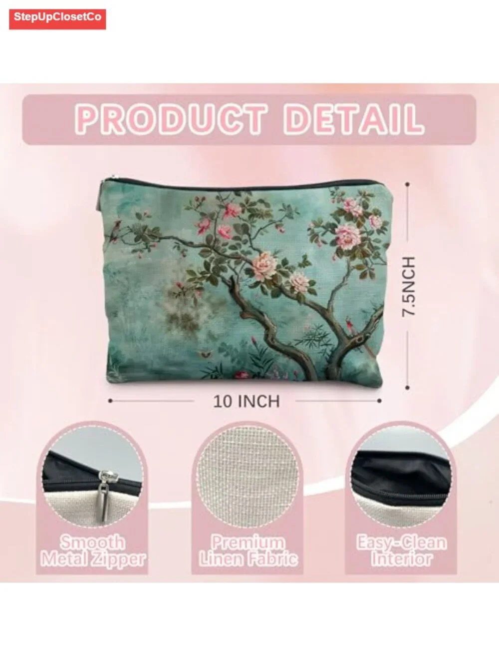 Vintage Chinoiserie Floral Linen Makeup Bag Cosmetic Pouch Travel Toiletry